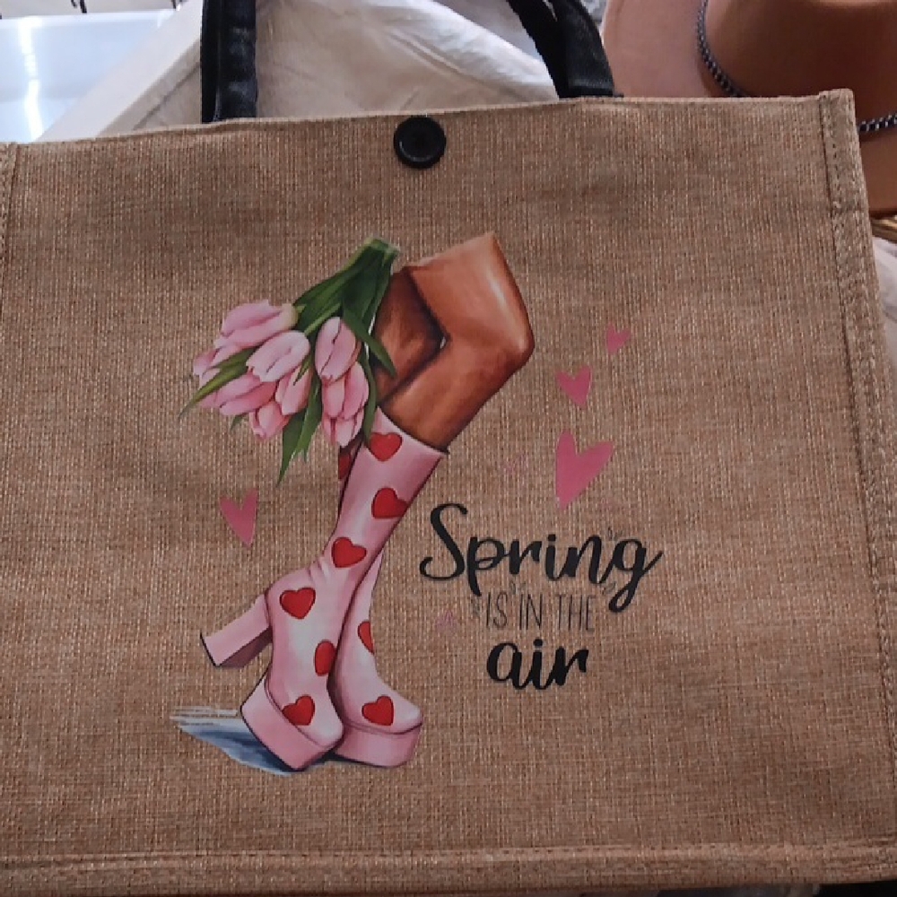 Pink and Tan Spring Tote Bag with Floral Design